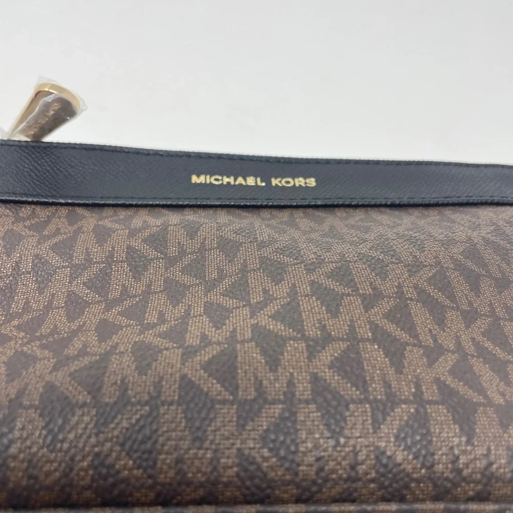 Michael Kors Brown Signature Logo Cosmetic Pouch Black Leather Trim Gold HW